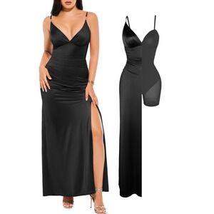 NWT Popilush Shapewear Maxi Dress Black Deep V Neck Ruched Slit Formal XL